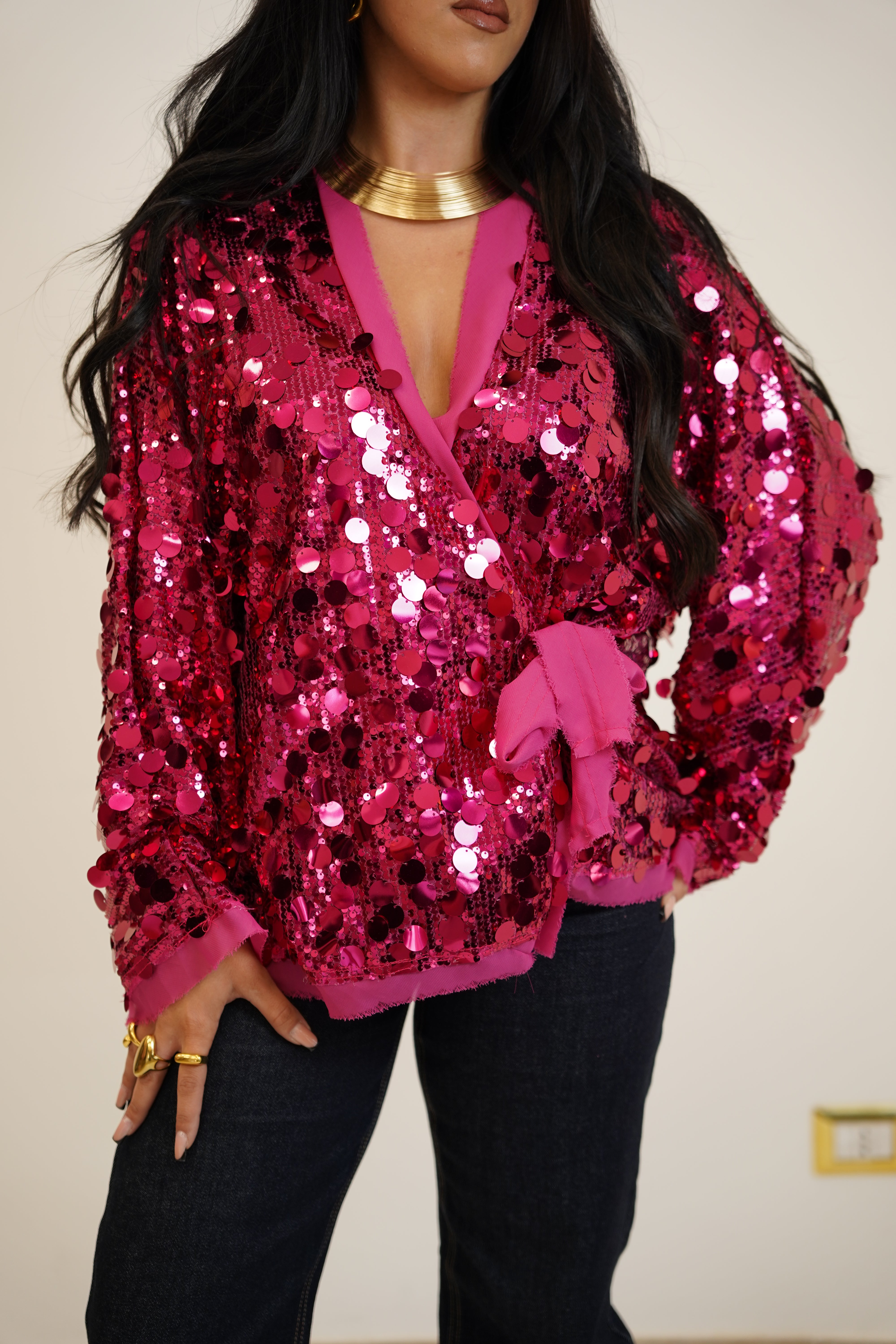 KIMONO CON PAILLETTES FUCSIA