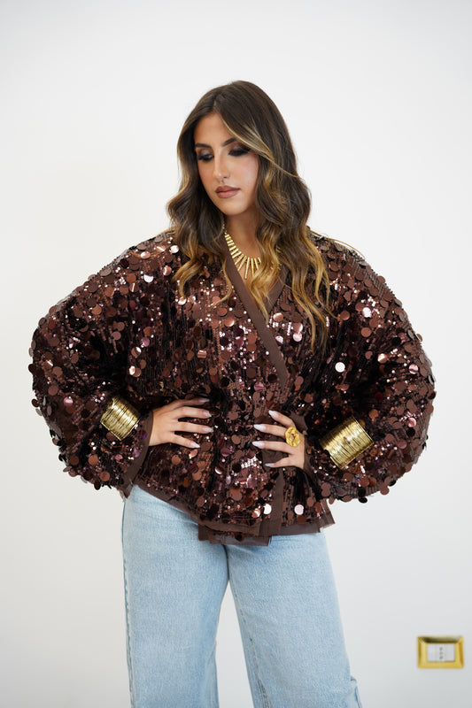KIMONO CON PAILLETTES MARRONE